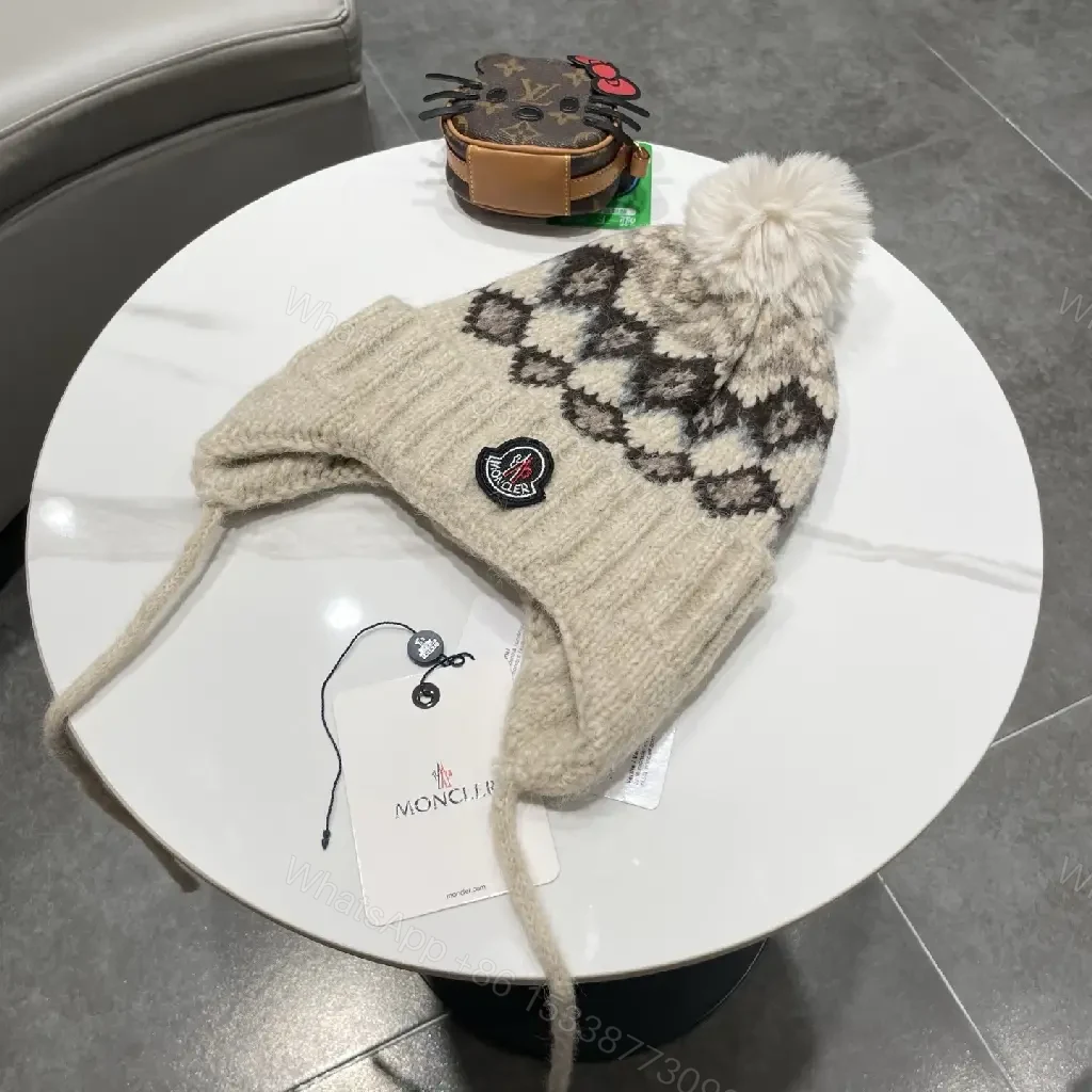 View 3 of Cozy Diamond Knit Beanie with Pom Pom—Premium Wool Blend