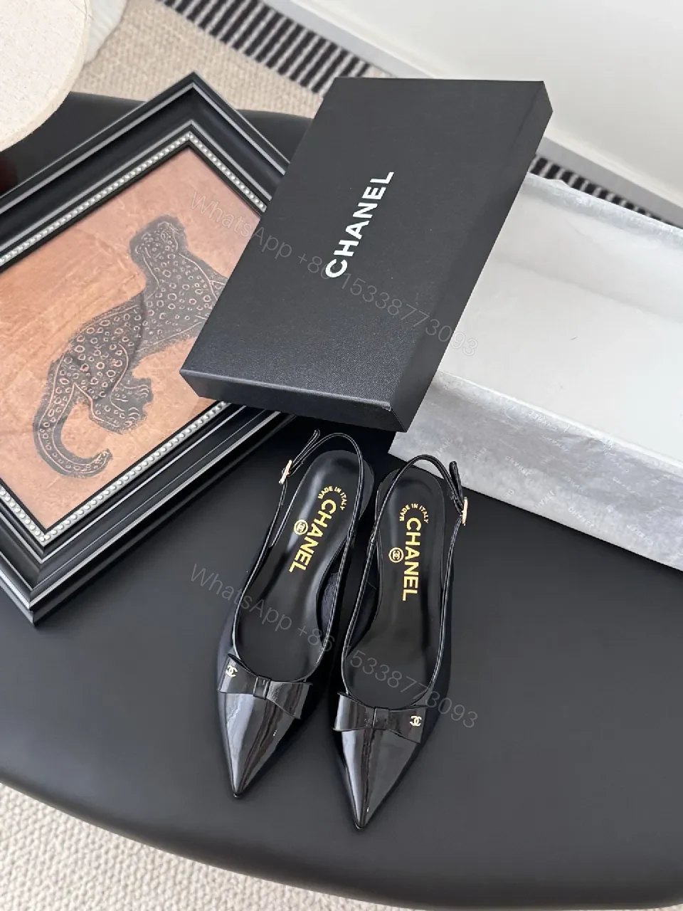 View 6 of Black Patent Slingbacks with Bow Detail - Low Block Heel, Pointed Toe, Slingback Strap
