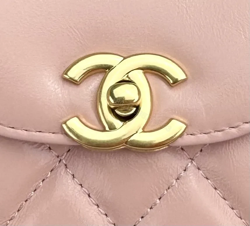 View 3 of Soft Pink Quilted Mini Bag with Gold Hardware, Elegant Twist, Mini Bag