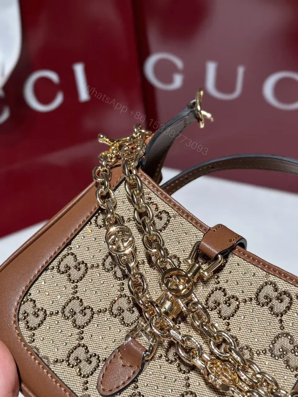 View 9 of Beige GG Supreme Satchel: Mini Structured Elegance, Gold Hardware