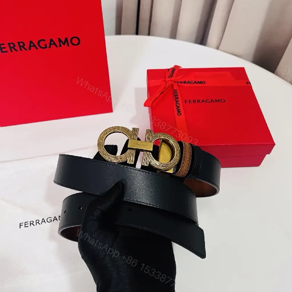View 4 of Brown Leather Belt Distressed Matte Double-GC Buckle Ferragamo Logo Belt