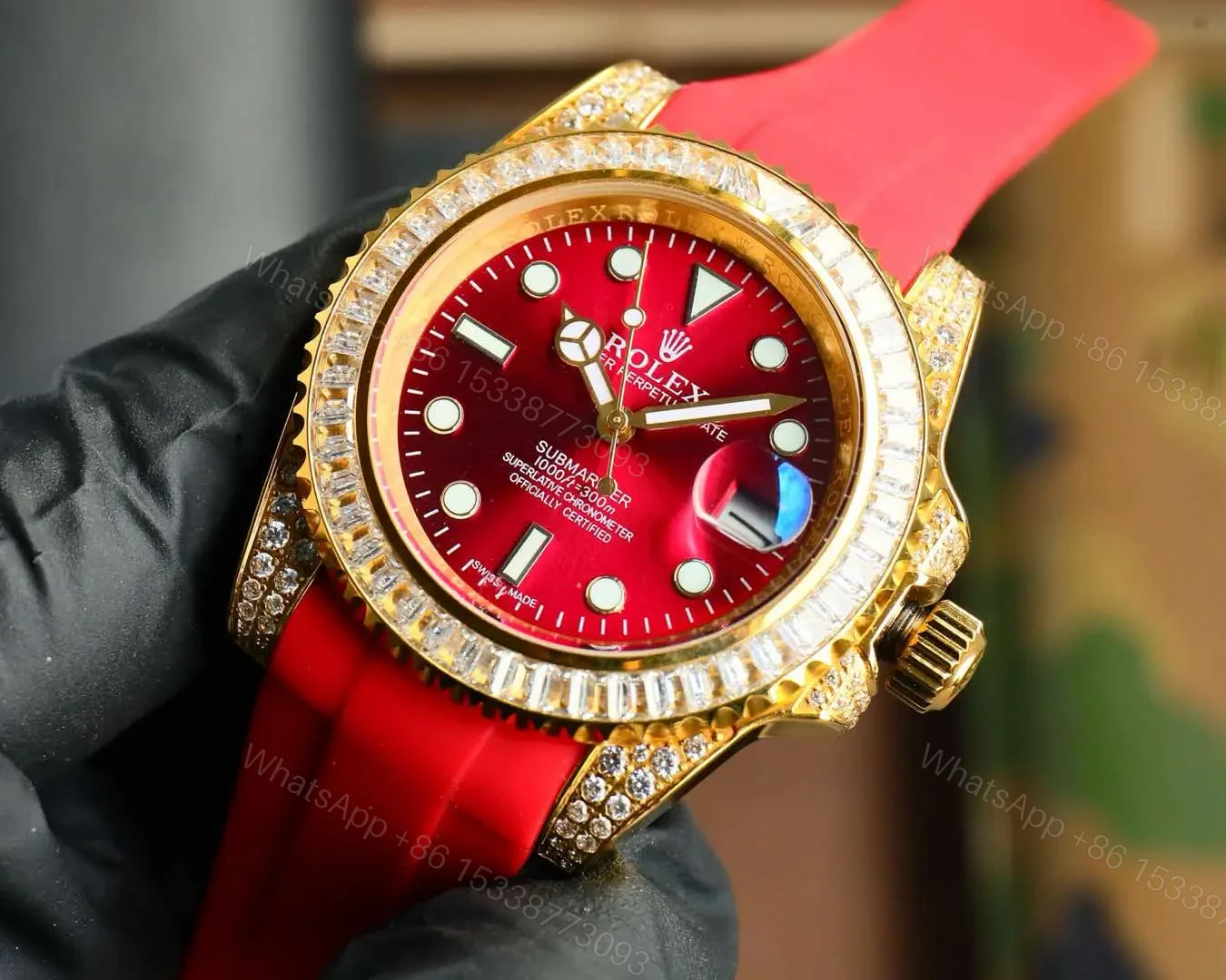 View 3 of Fake Rolex Submariner Red Diamond Dial 3CT Bezel 16610-ICE-0001