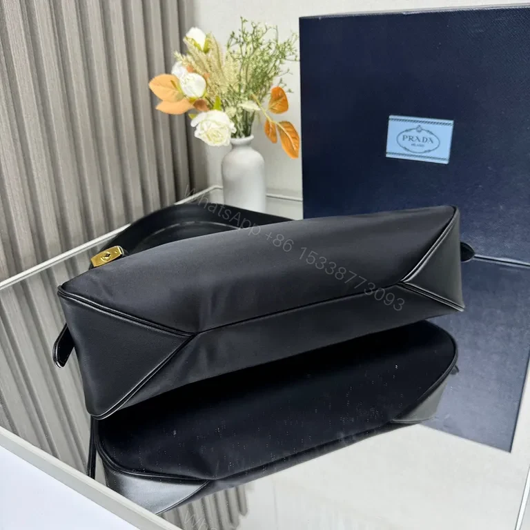 View 4 of Chic Black Nylon Prada-Influenced Shoulder Bag with Gold Hardware