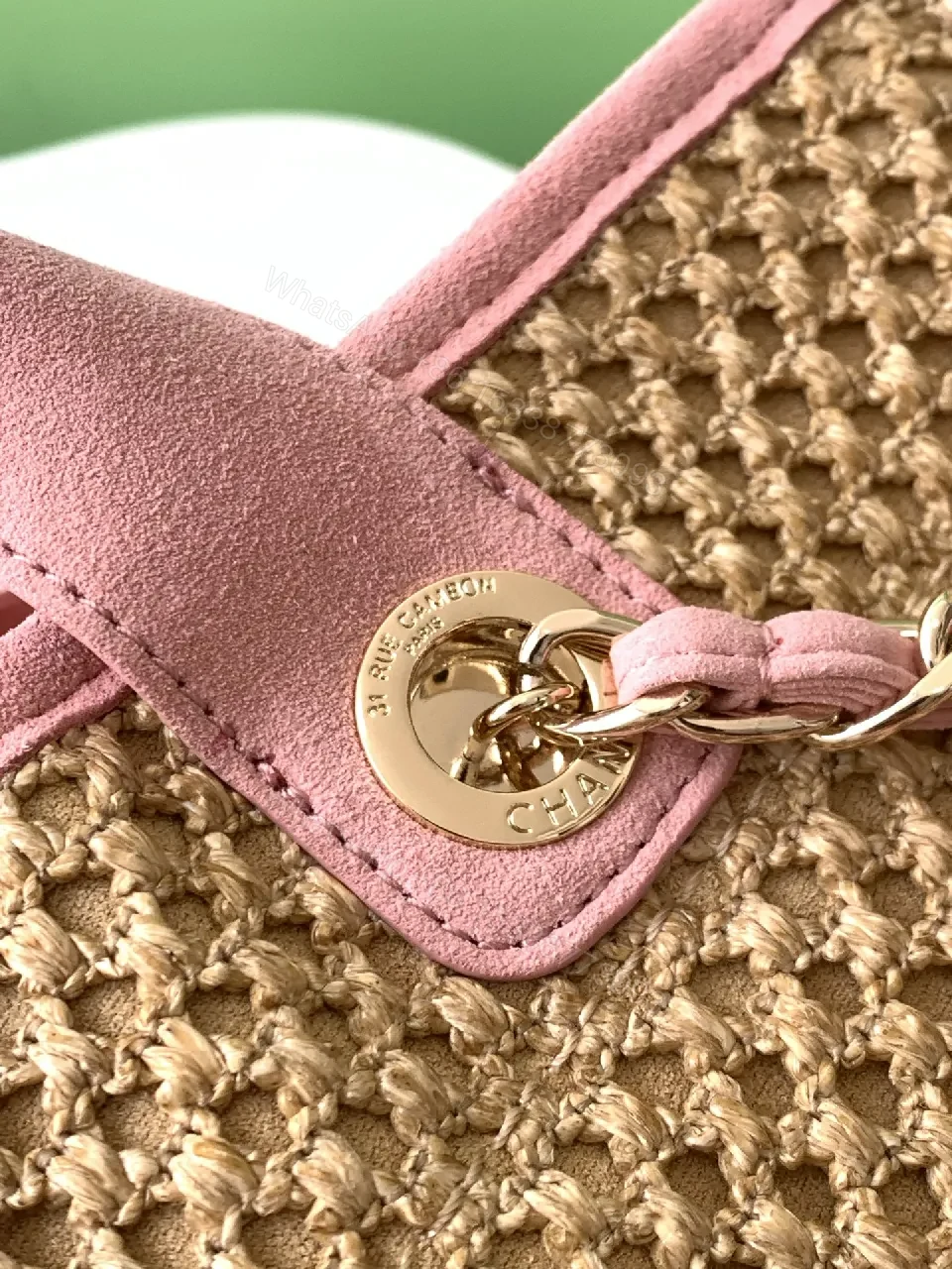 View 2 of Pink Straw Tote with Leather Trim, Structured Chanel-Inspired, High-End Carryall