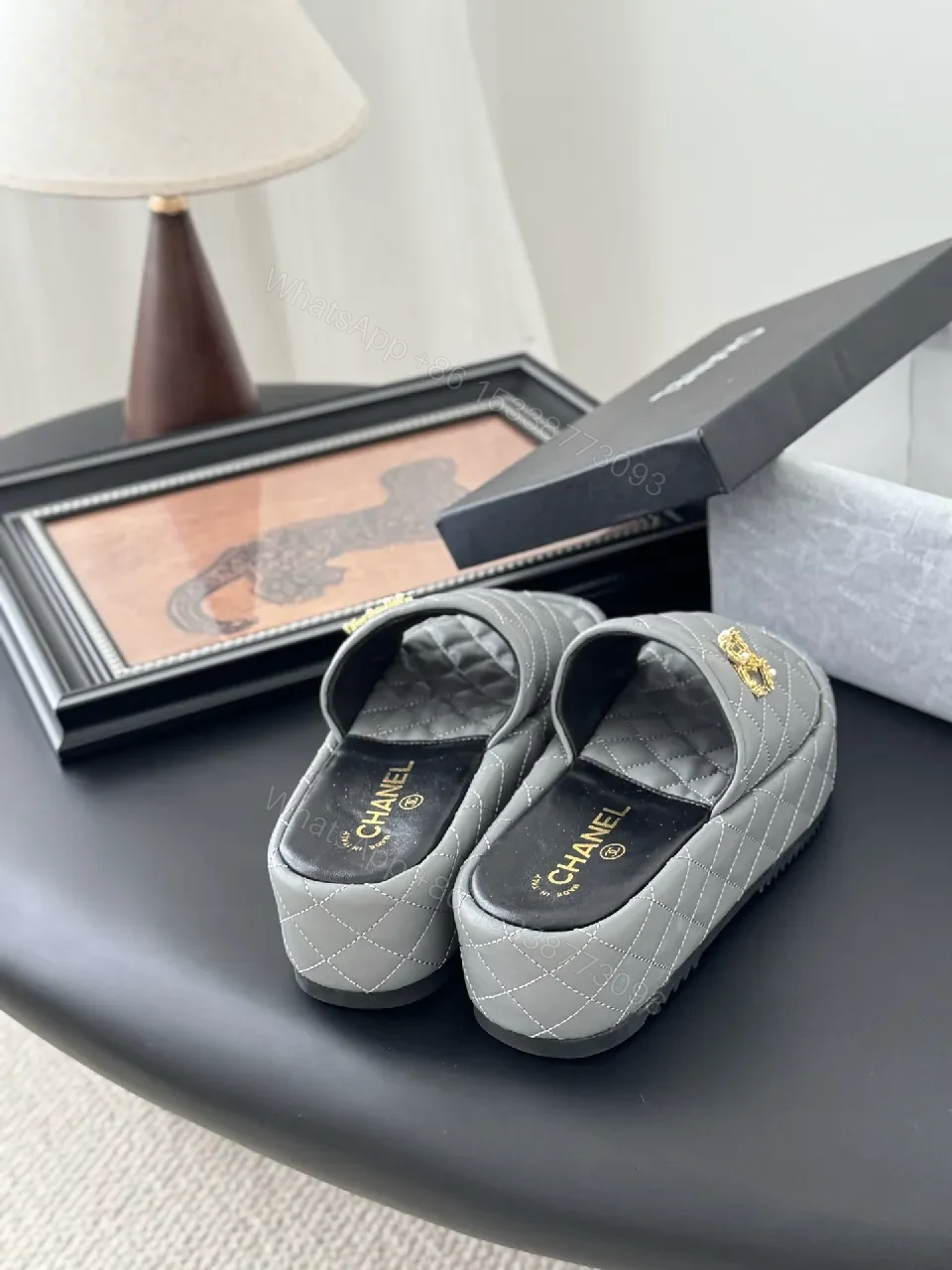 View 3 of Grey Quilted Mule & Slide Set - Lux Comfort, Gold Hardware