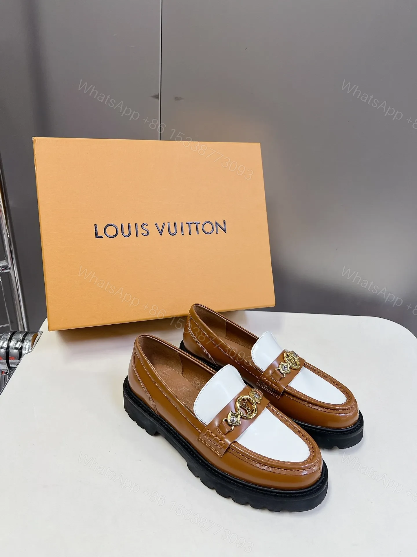 LV Women Brown White Leather Loafers — view 1