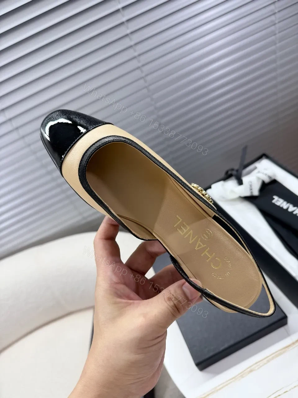 View 7 of Beige Leather Slingback Pumps with Glossy Cap Toe