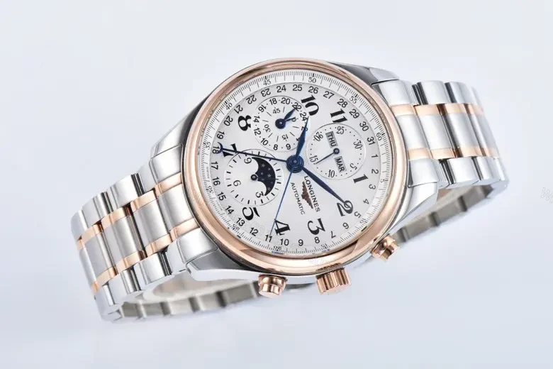View 2 of Longines Master Collection Moonphase Chronograph Watch Silver Dial Two Tone Stainless Steel and Rose Gold Bracelet 42mm Case Classic Elegant Style