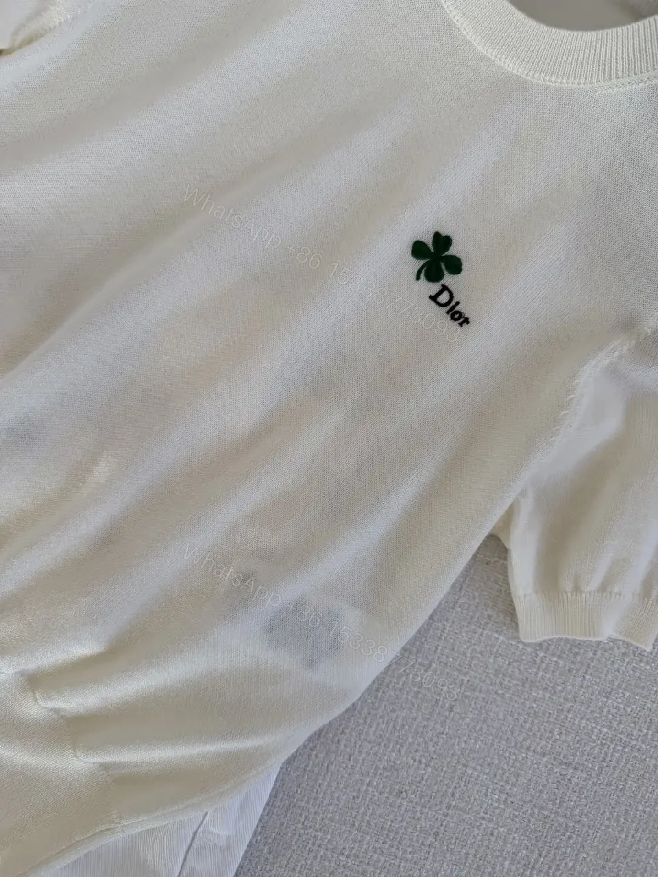 View 4 of Cream Knit Tee Emerald Clover Logo Luxury Comfort Top