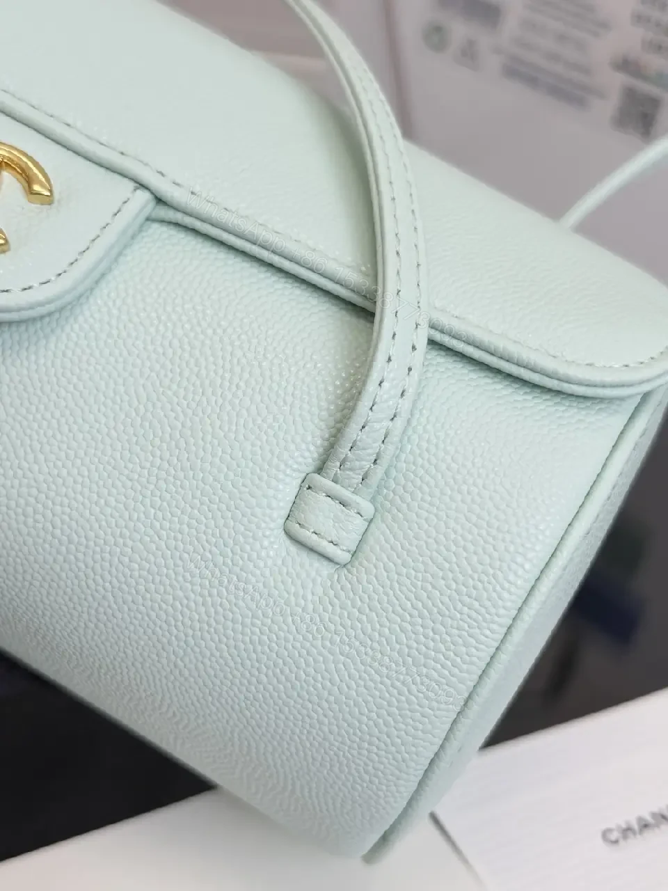 View 5 of Mint Textured Mini Bag with Gold Logo, Crossbody-Optional Luxury