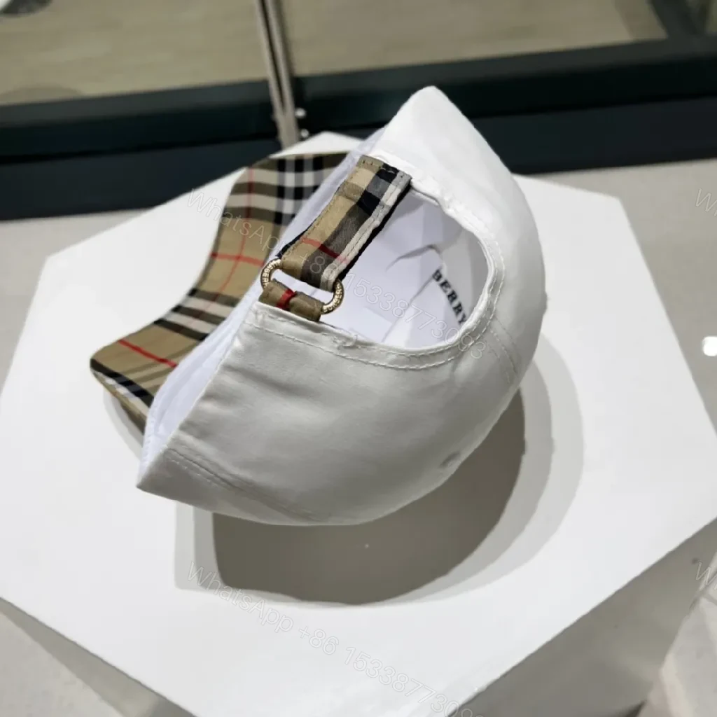 View 3 of White Cotton Cap with Plaid Brim and Logo Embroidery