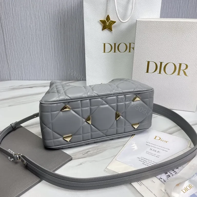 View 8 of Chic Grey Quilted Satchel: Gold-Dior Inspired Luxury Bag