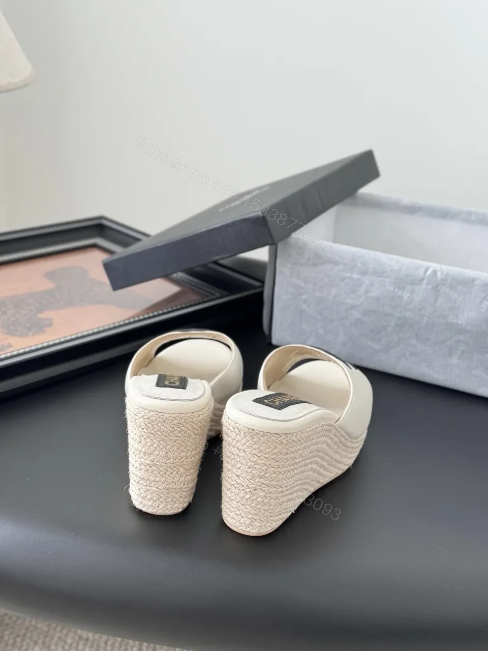 View 9 of Cream Leather Espadrille Mules with Logo Embroidery, Wedge Heel, Open-Toe