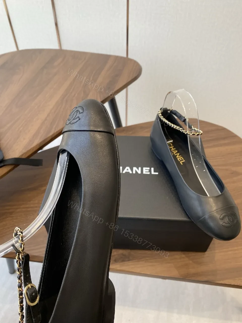 View 4 of Black Leather Slingback Heels with Gold Chain Accent