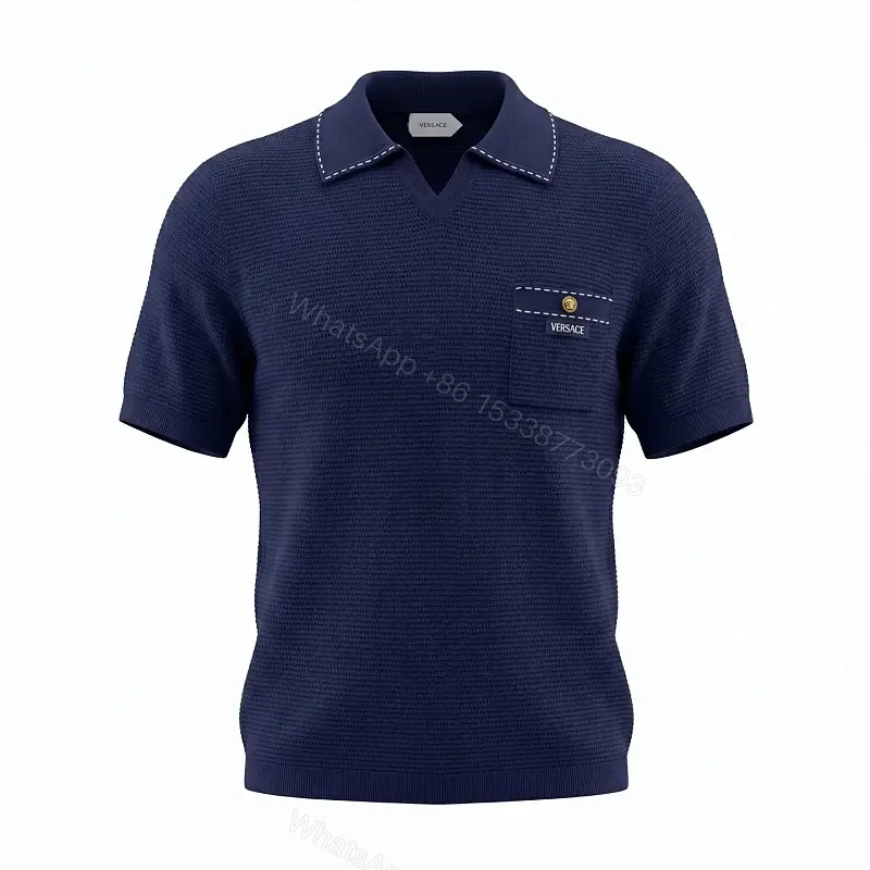 Navy Knit Polo: V-Neck, Textured Grid, Pocket Detail, Versace Button — view 1