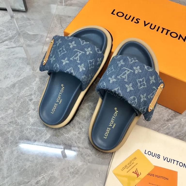 View 2 of Denim Monogram Slides: Luxe Comfort for Summer Style