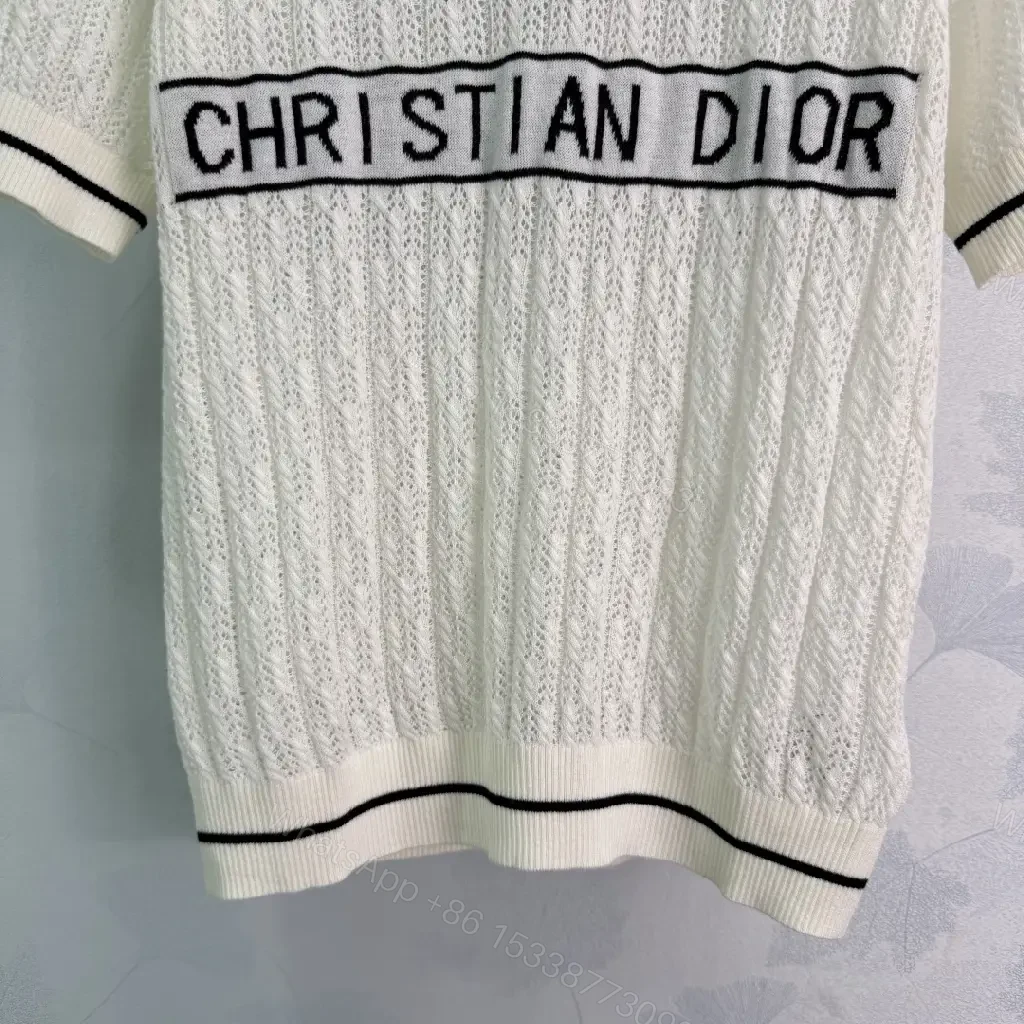 View 3 of White/Gray/Black Knit Short-Sleeve with Star Logo, Cable Knit, Dior Banner