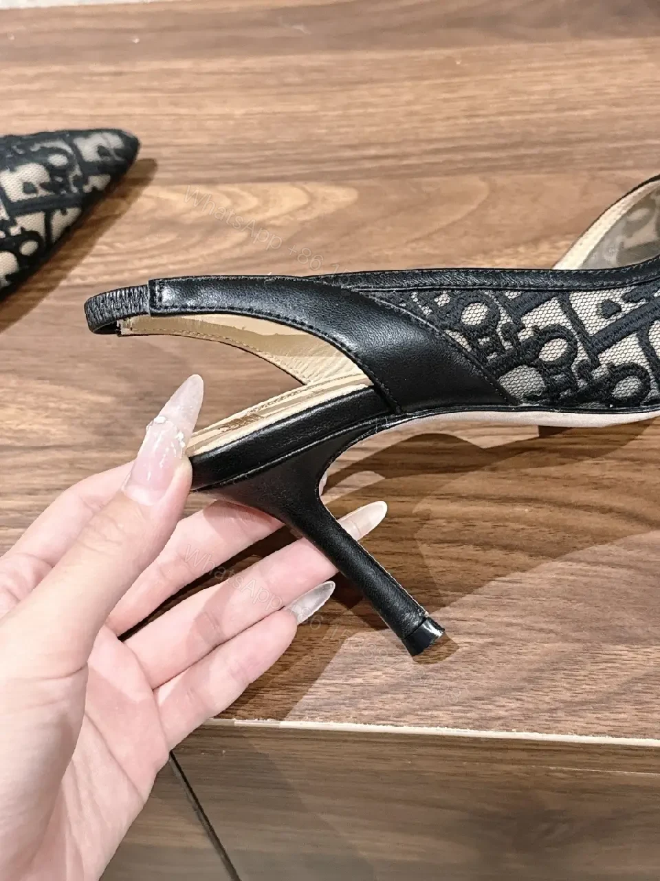 View 5 of Black Denim Slingback Heels Dior-inspired Pattern Pointed Toe Slide Slingback Heels