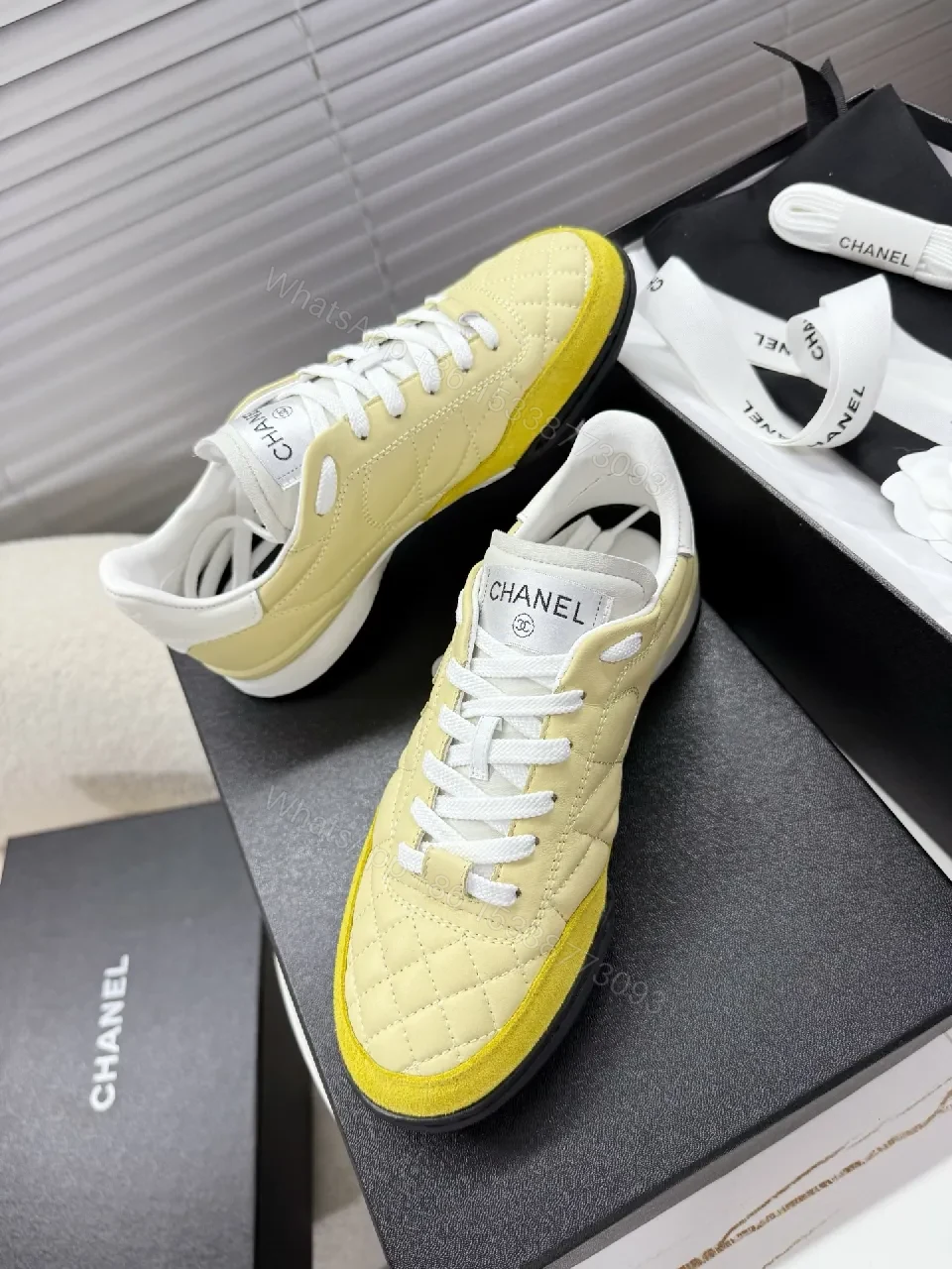 View 6 of Quilted Yellow Suede Low-Top Sneakers: Luxe Streetwear Style