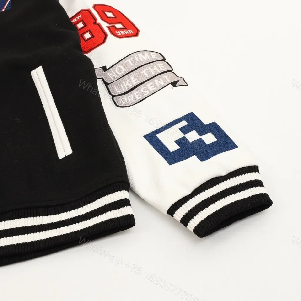 View 2 of Bold Black & Off-White Varsity Jacket with Embroidered Graffiti Details