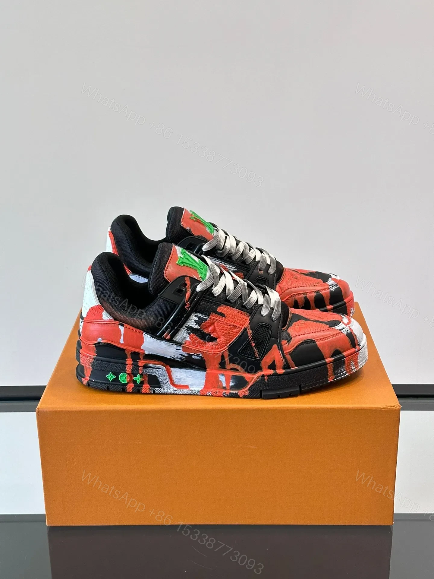 LV Men Black Red Painted Leather Sneakers — view 1