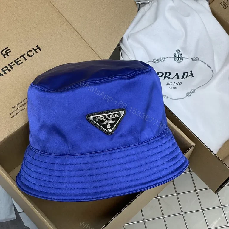 Bold Cobalt Blue Nylon Bucket Hat – Luxe Satin Finish, Prada Patch — view 1