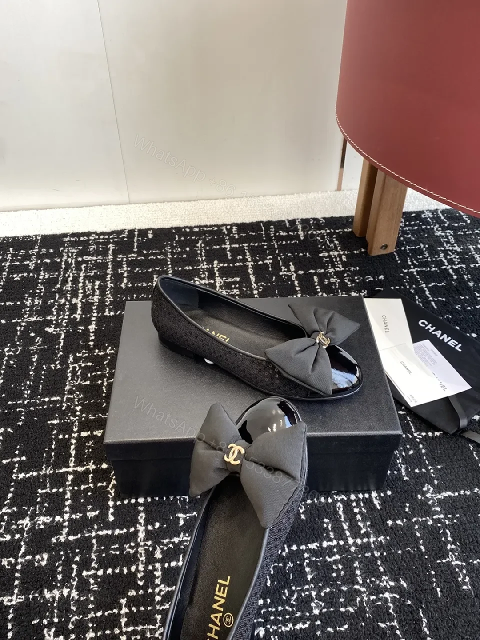 View 6 of Chic Black Patent Ballet Flats with Ribbon Bow Accent