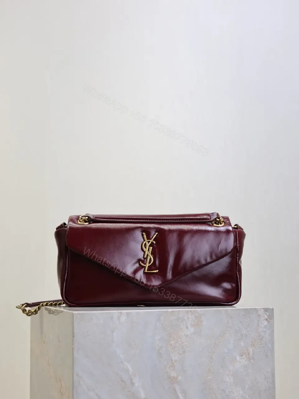 View 6 of Burgundy Calfskin Compact Shoulder Bag with Gold Hardware