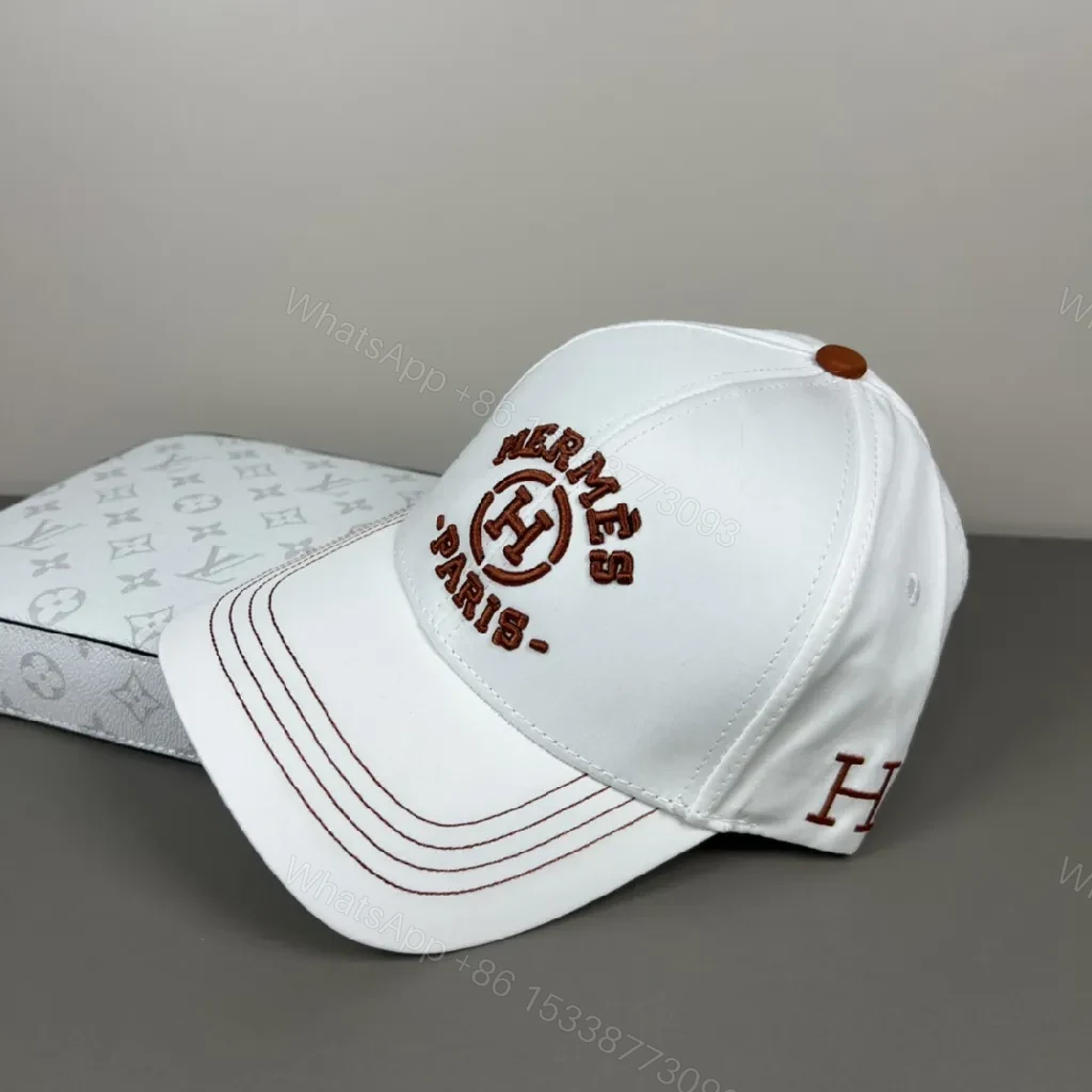 View 7 of White Cotton Cap + Embroidered Hermes Pattern + Modern Crown + Subtle Luxury + Cap