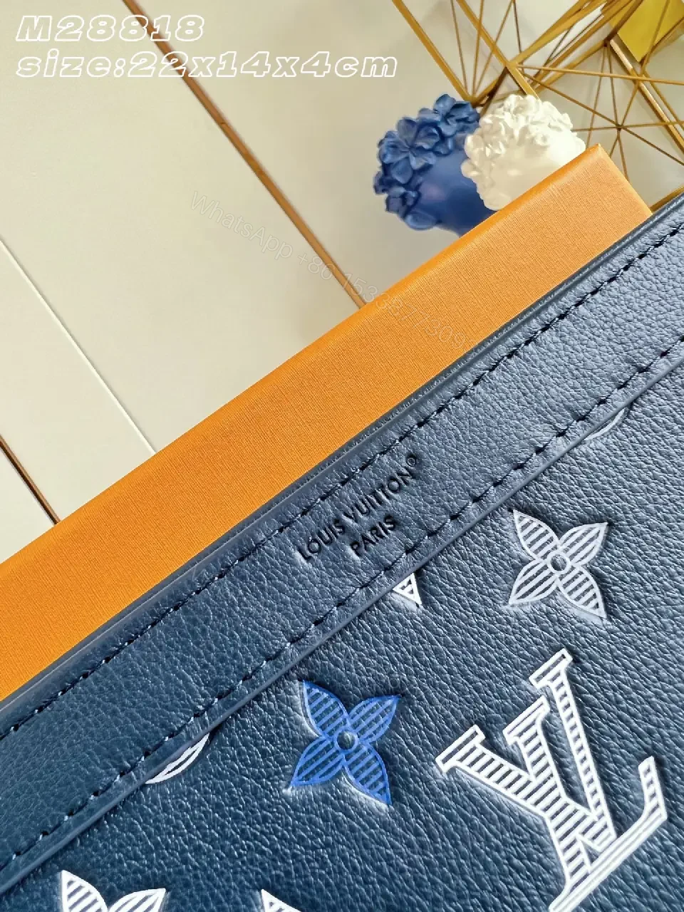 View 7 of Dark Blue Monogram Leather Crossbody with Flap and Silver Hardware