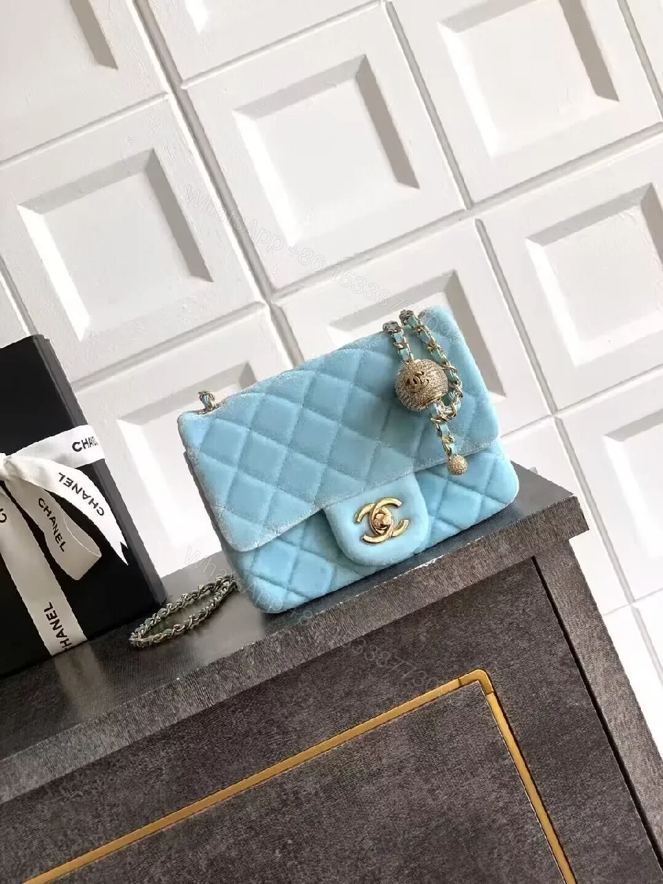 Sky-Blue Quilted Mini Bag: Diamond Pattern, Gold Hardware, Crossbody Versatile — view 1