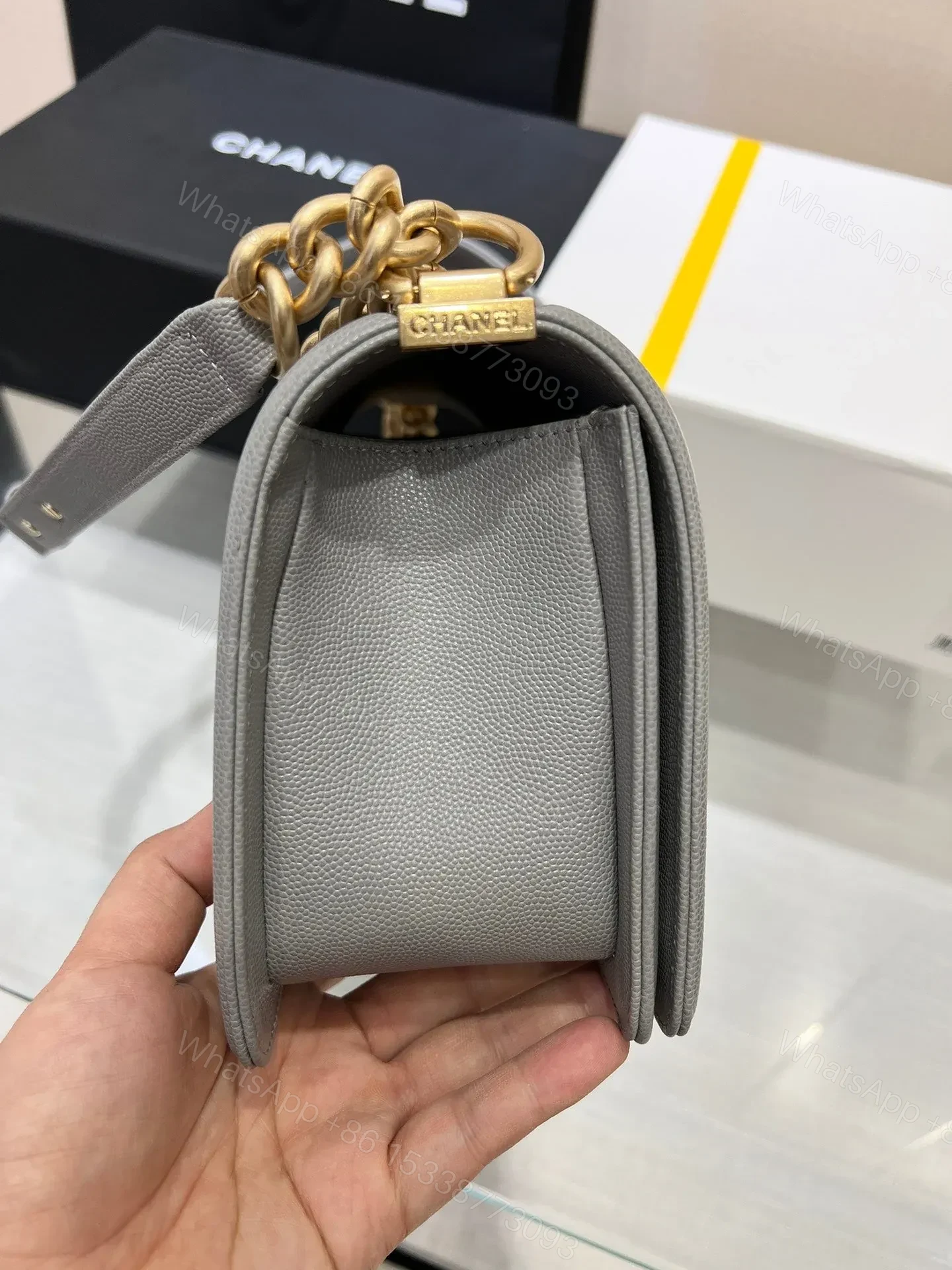 View 6 of CHANEL BOY BAG MEDIUM 25 GREY CAVIAR GOLD HARDWARE