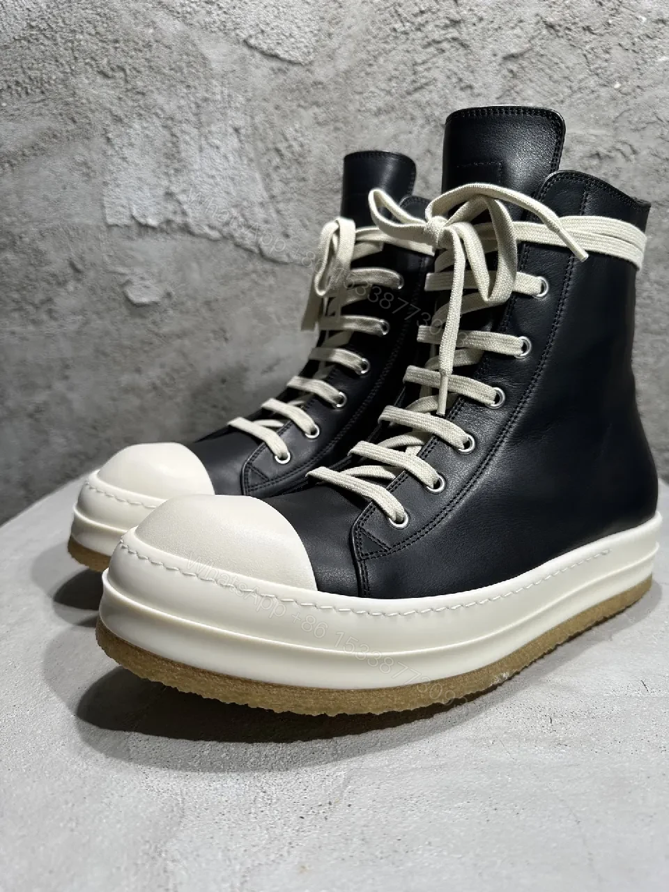 View 9 of Black Leather High-Top Sneakers with Off-White Accents