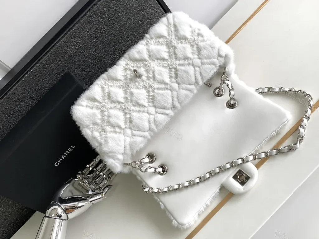 View 7 of White Faux-Fur Diamond Wallet Bag: Luxe, Structured, Signature Charm
