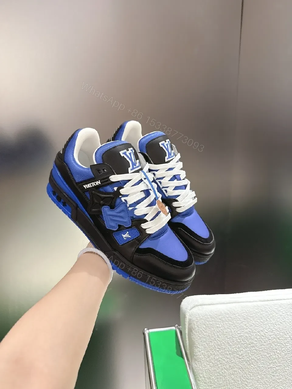 View 6 of Blue & Black High-Top Luxury Sneakers with Monogram Details