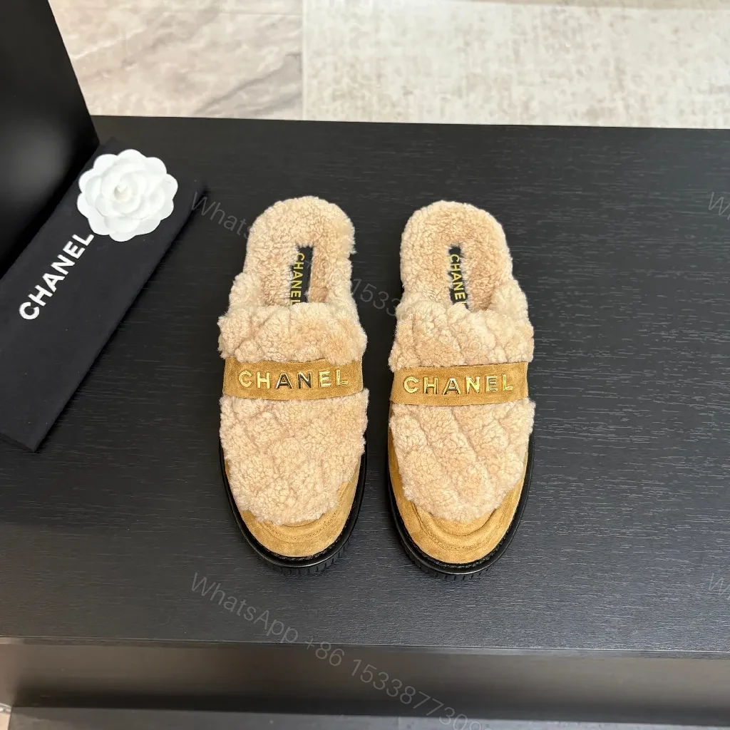 View 7 of Chic Shearling Mules: Gold Logo Slip-Ons, Camel Suede