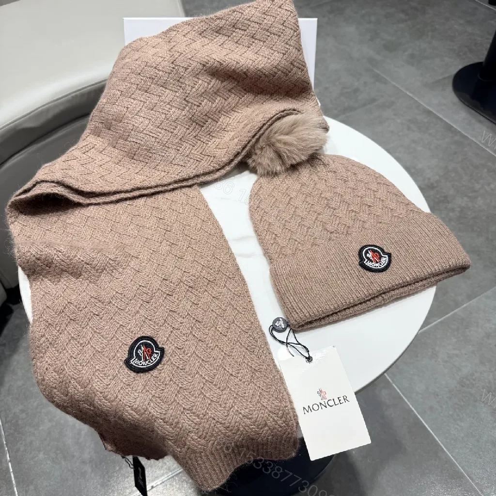 View 4 of Camel Knit Set: Plush Beanie & Scarf with Crest Detailing