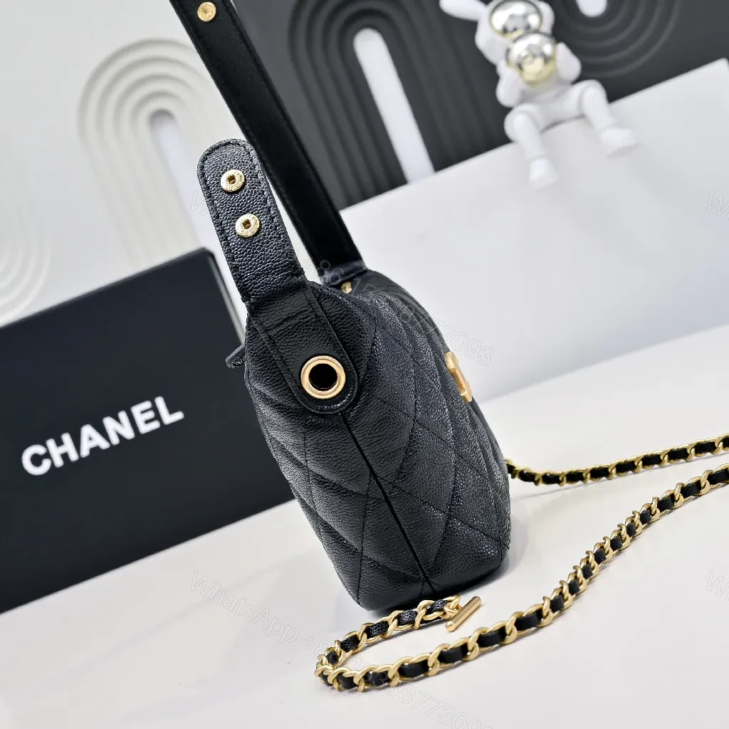 View 5 of Compact Black Quilted Mini Bag with Gold Hardware, Crossbody Style