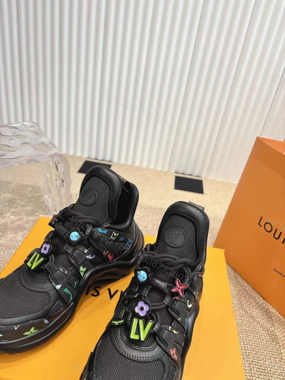 View 2 of LV Women Black Mesh Multicolor Logo Sneakers
