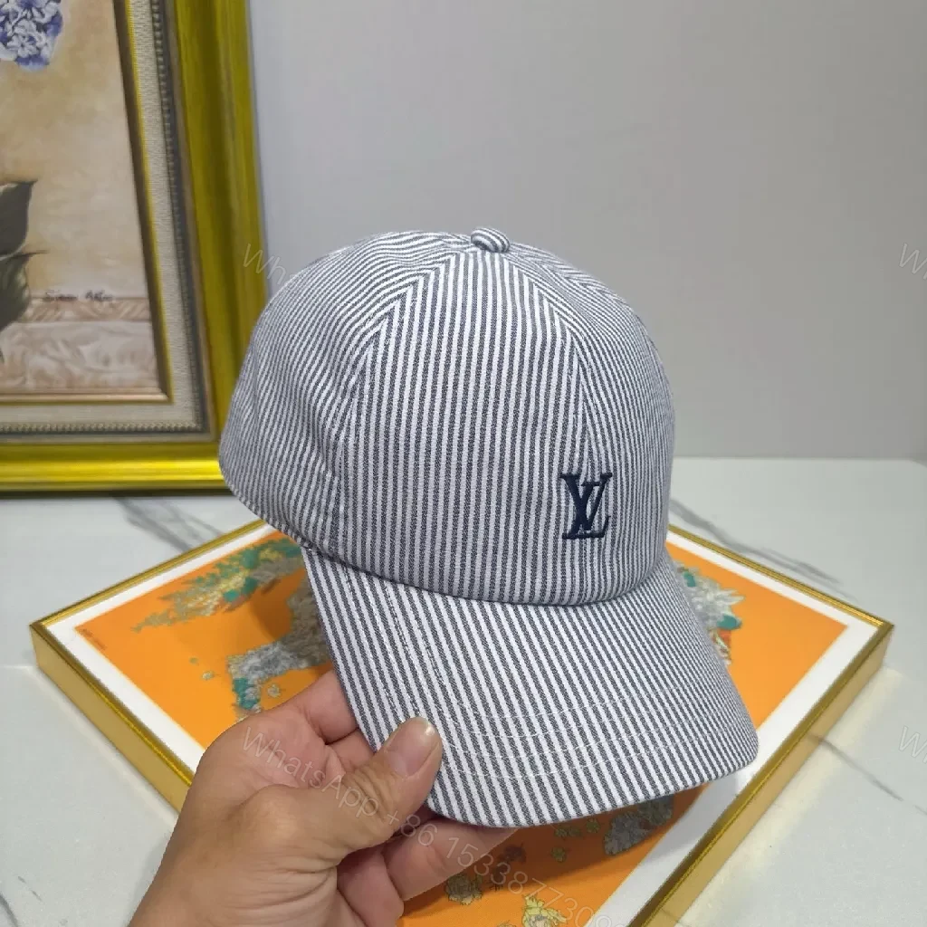View 2 of Striped Linen-Look Cap with Subtle Monogram Motif