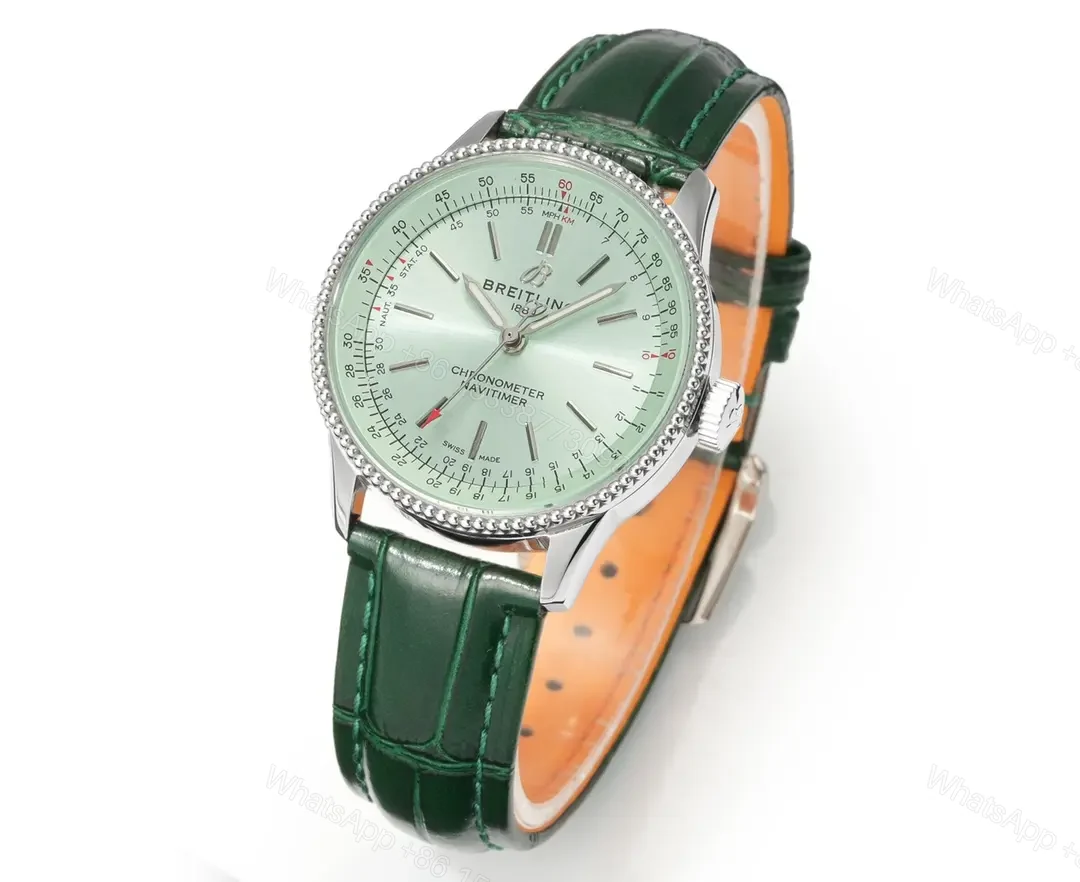 View 2 of OM Factory Breitling Women’s Navitimer Automatic Watch – Green Dial, Green Leather Strap, 35mm Stainless Steel Case