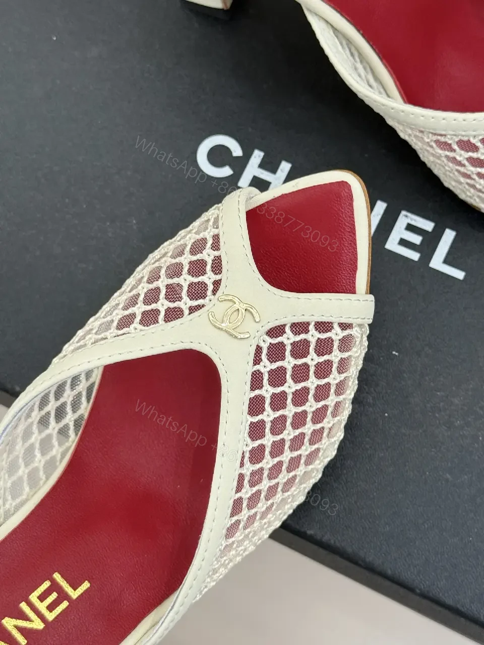 View 8 of White Mesh Heels Red Insole Classic Netted Upper Mule Sandals