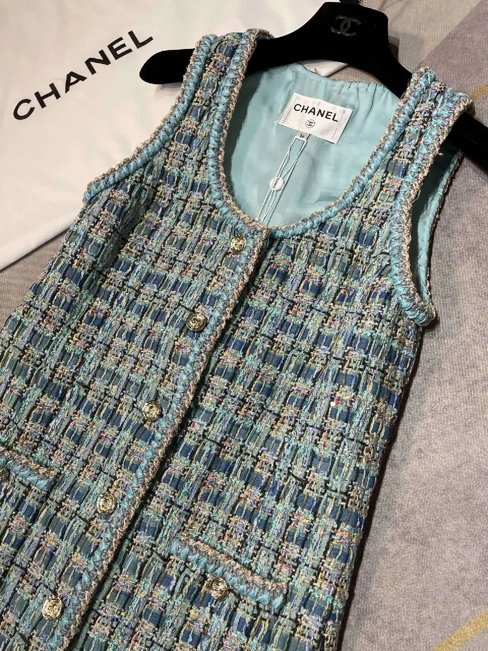 View 2 of Tweed Sleeveless Dress: Textured Button Front, Chic A-Line