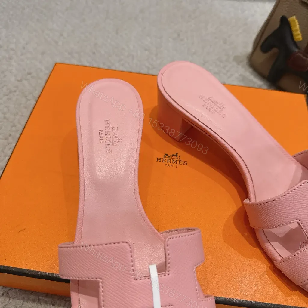View 5 of Pink Leather H-Style Slide Sandals, Hermès-Inspired, Classic Platform Slide