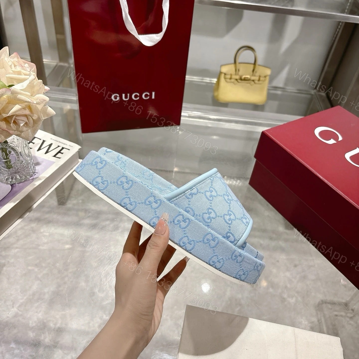 View 7 of GUCCI WOMEN’S GG PLATFORM SANDAL LIGHT BLUE ‎816797 FAD9D 4952