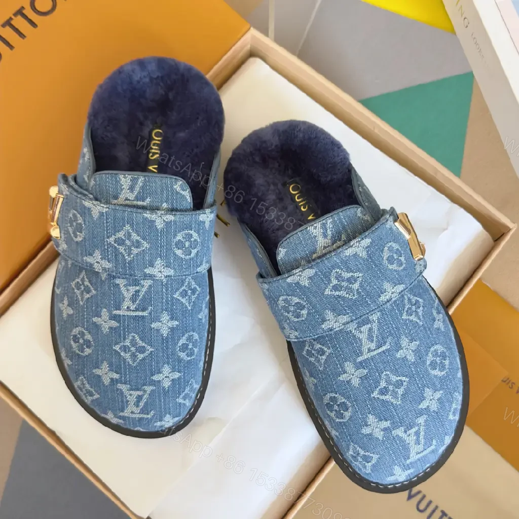 View 4 of Denim-Textured Monogram Mule: Cozy Luxe Slip-On Comfort