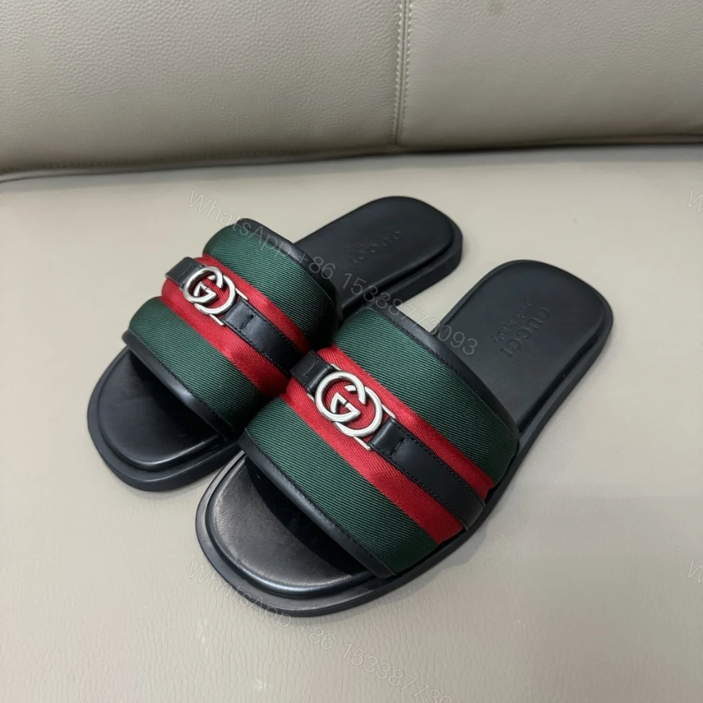 View 3 of Gucci Men Slide Sandal With Interlocking G Green And Red ‎835091 HAAHH 8449