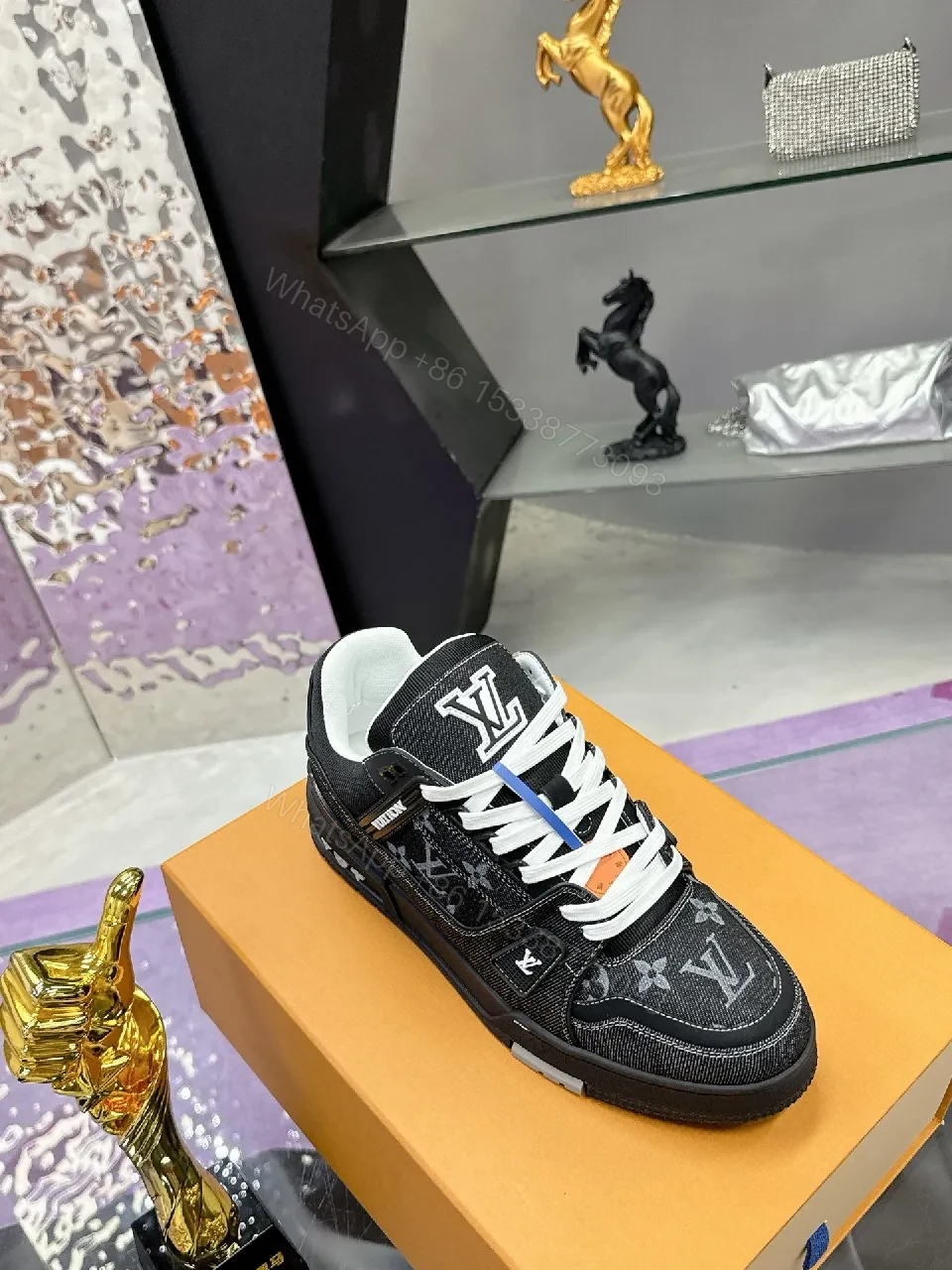 View 6 of Bold Black Denim-Textured Sneakers with LV Monogram