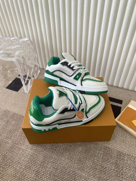View 7 of Green & White Leather High-Tops with LV-Style Detailing Sneakers