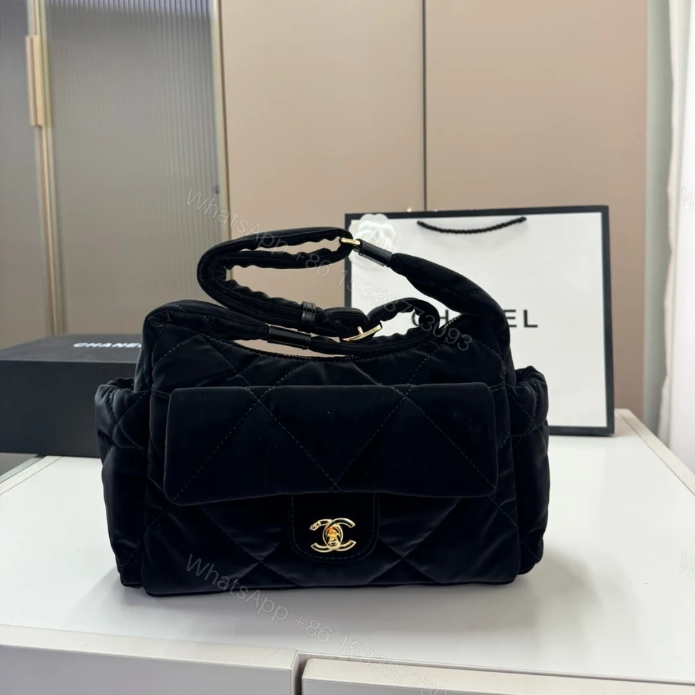 View 2 of Chanel Maxi Bowling Bag Velvet Effect Nylon And Gold Tone Metal Black 27Cm